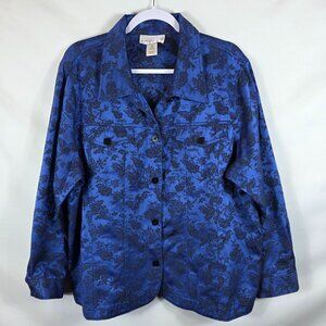 Susan Graver Style Black & Blue Floral Denim Style Jacket Women's Size 3X